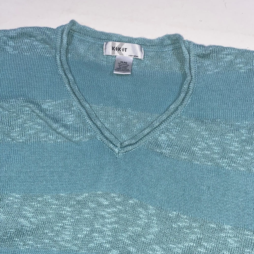 K+IT Knitwear Aqua Blue Striped V Neck Short Sleeve Sweater Top‎ Women's XL